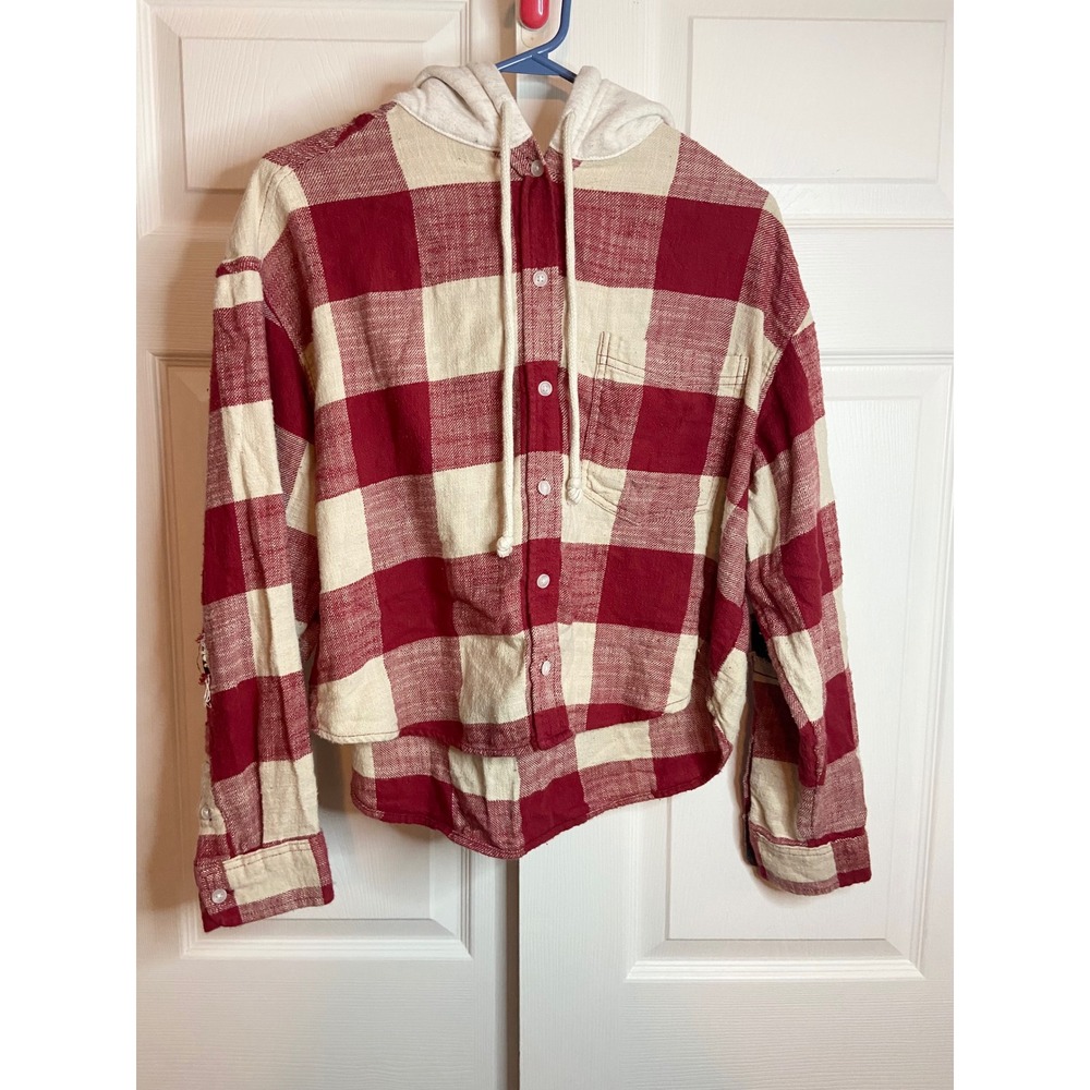 American Eagle Red Buffalo Plaid Hooded Flannel Shirt L Cropped Distressed